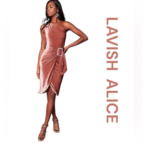LAVISH ALICE One Shoulder Diamanté Velvet Midi in Mink, Size 6. - Picture 1 of 15